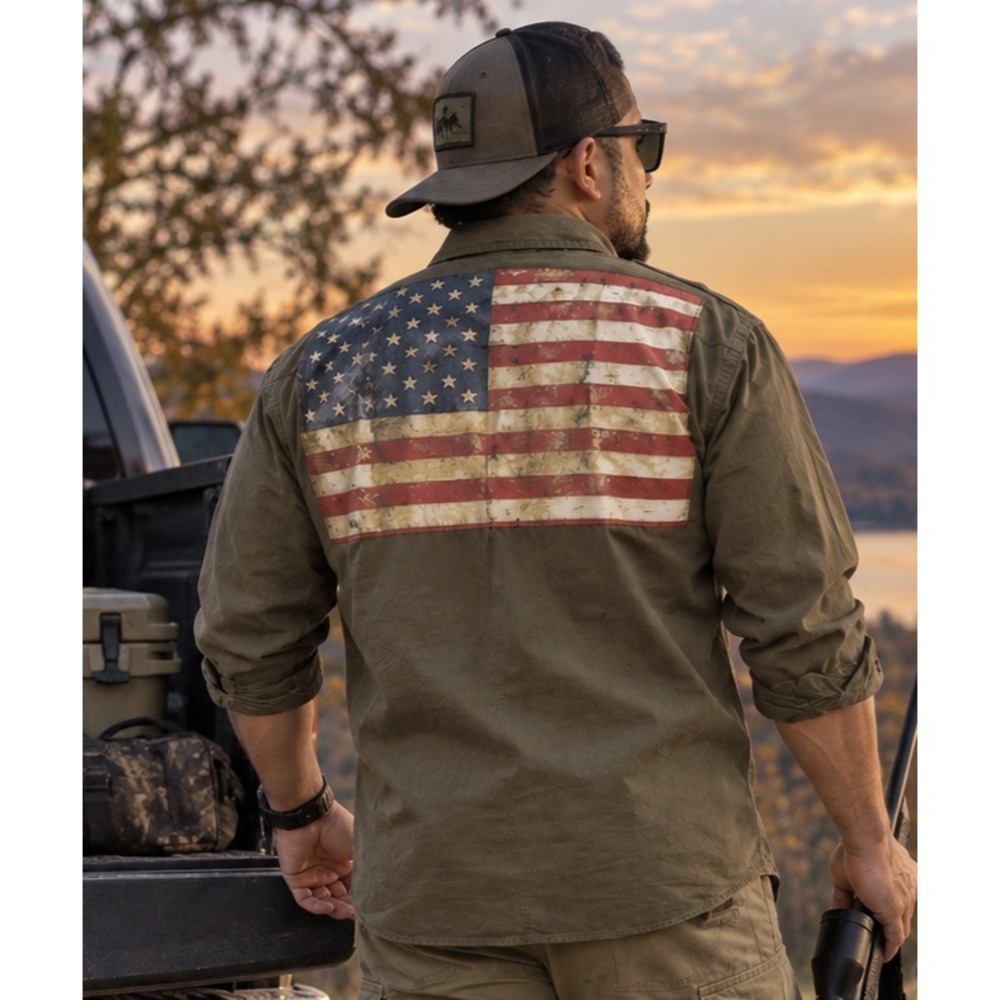 Winchester Rifle Men's Olive Green Button Down Shirt 2XL American Flag Rare